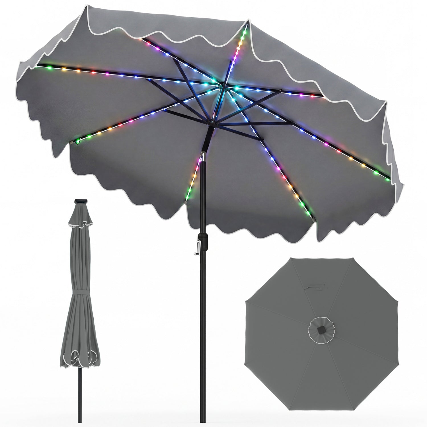 10 Feet Solar Patio Umbrella with Color-Changing LED Lights, Gray Outdoor Umbrellas at Gallery Canada