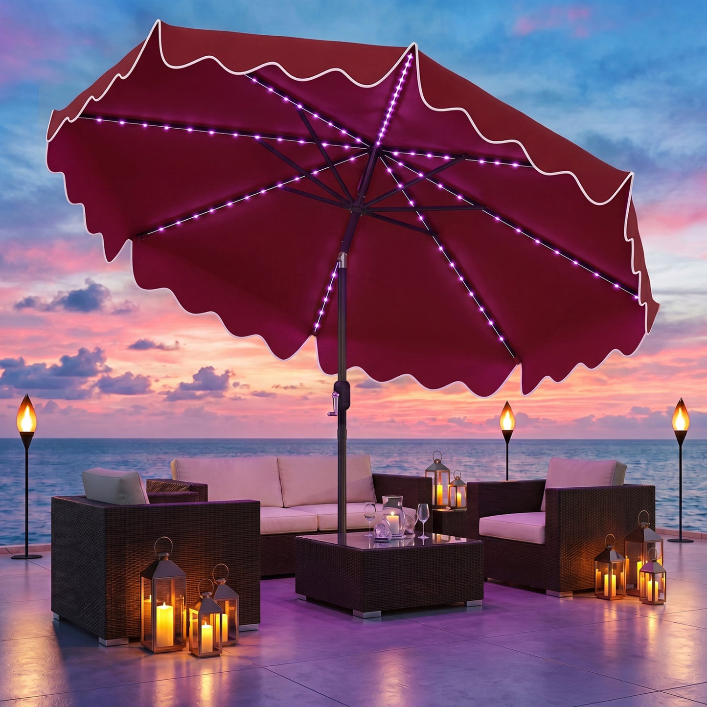 10 Feet Solar Patio Umbrella with Color-Changing LED Lights, Wine Outdoor Umbrellas at Gallery Canada