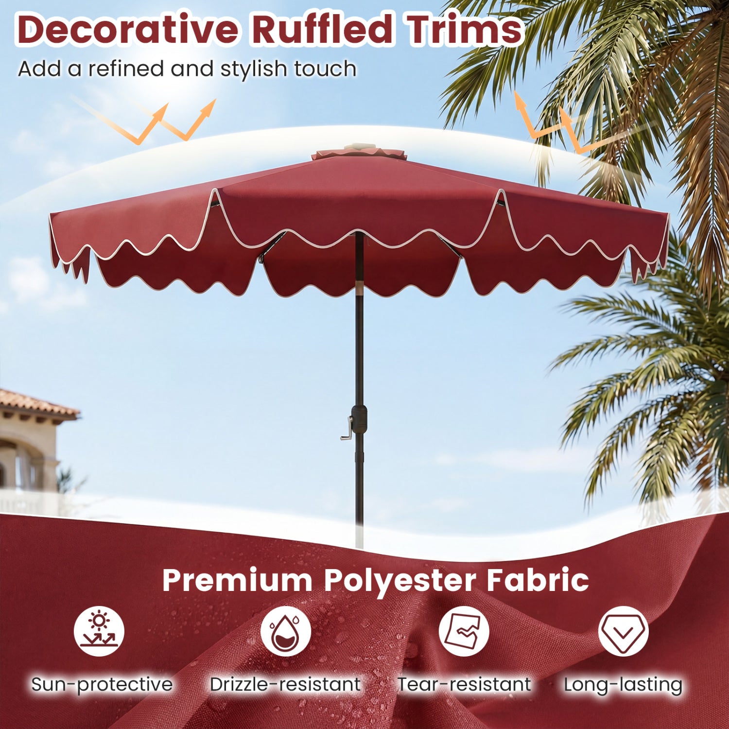 10 Feet Solar Patio Umbrella with Color-Changing LED Lights, Wine Outdoor Umbrellas at Gallery Canada