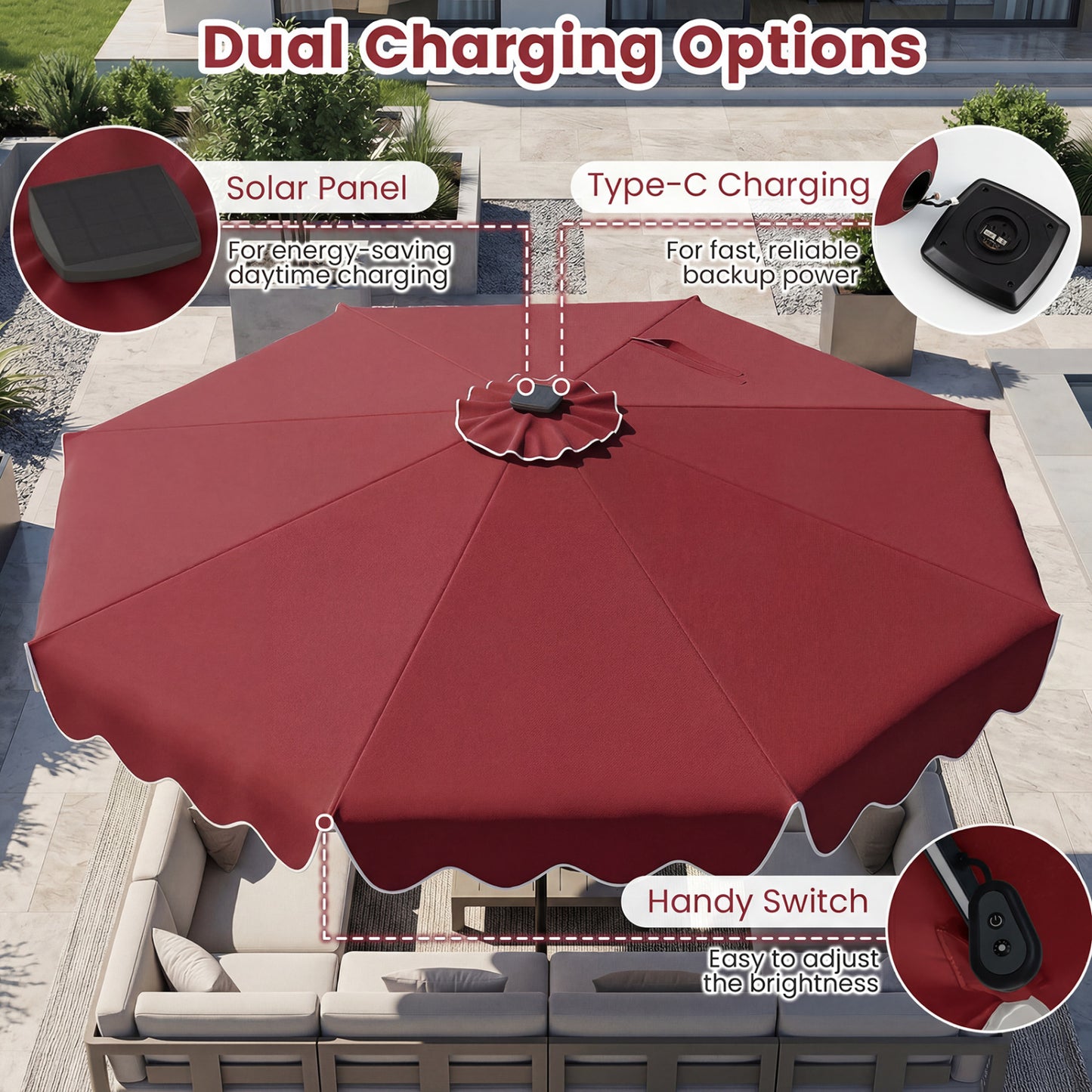 10 Feet Solar Patio Umbrella with Color-Changing LED Lights, Wine Outdoor Umbrellas at Gallery Canada