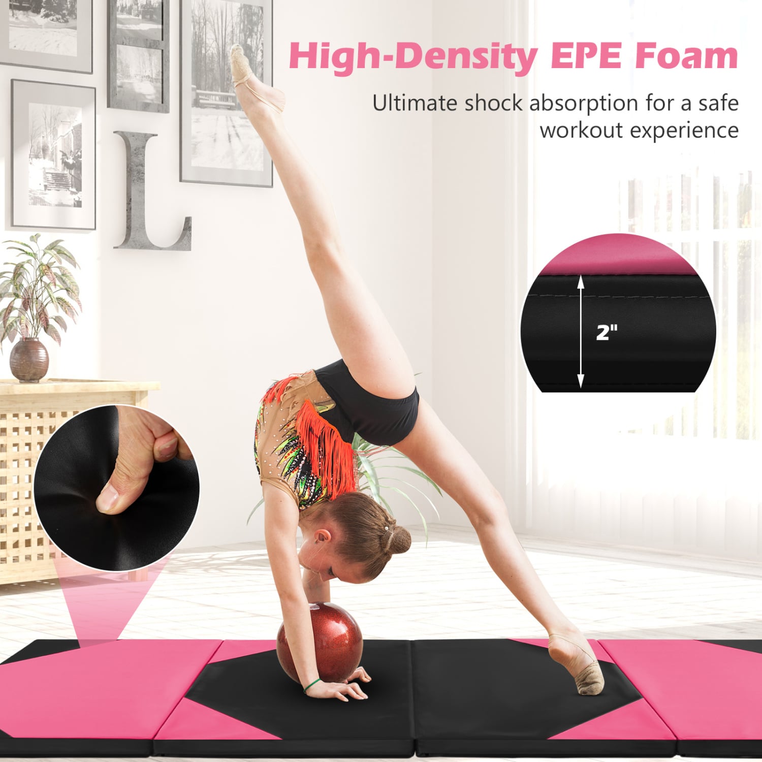 10 Feet x 4 Feet x 2 Inch Folding Exercise Mat, Black and Pink Yoga & Gym Mats at Gallery Canada