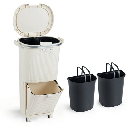 10 Gallon Kitchen Trash Can Double-Layer with Lid and 2 Removable Buckets, Beige Kitchen Trash Cans at Gallery Canada