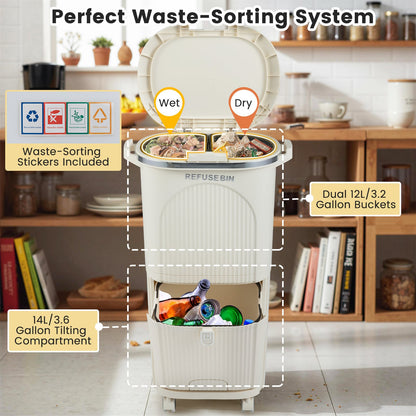 10 Gallon Kitchen Trash Can Double-Layer with Lid and 2 Removable Buckets, Beige Kitchen Trash Cans at Gallery Canada