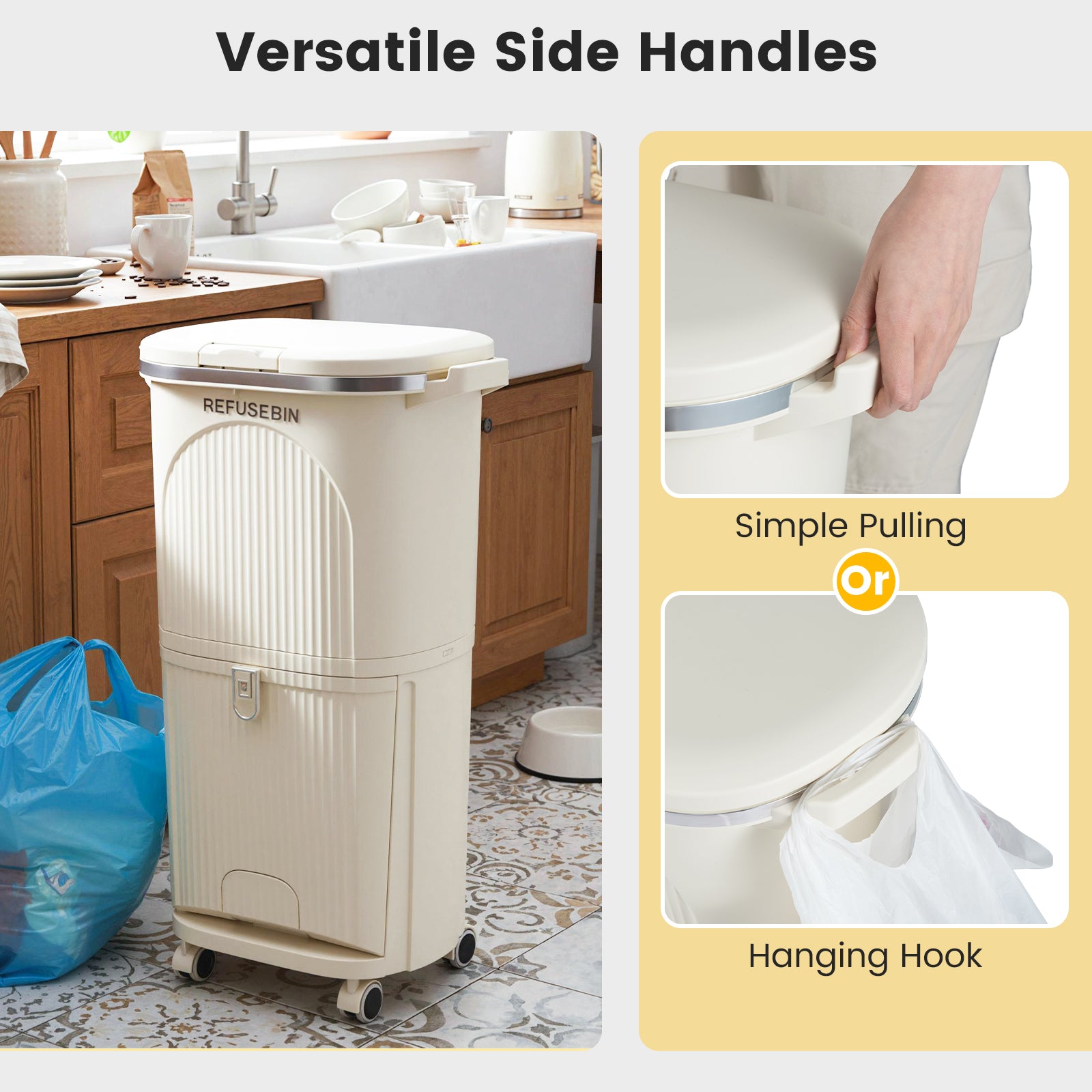 10 Gallon Kitchen Trash Can Double-Layer with Lid and 2 Removable Buckets, Beige Kitchen Trash Cans at Gallery Canada