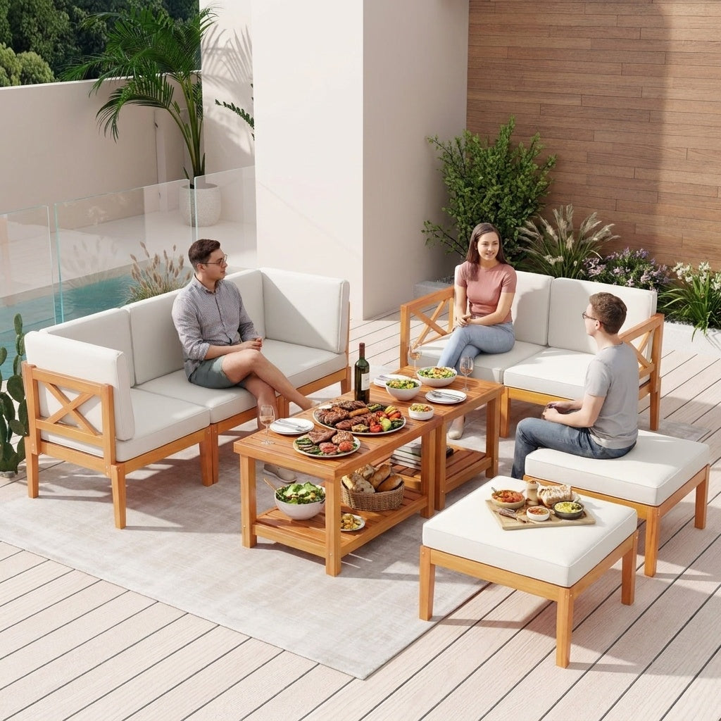 10-Piece Acacia Wood Outdoor Patio Set, White