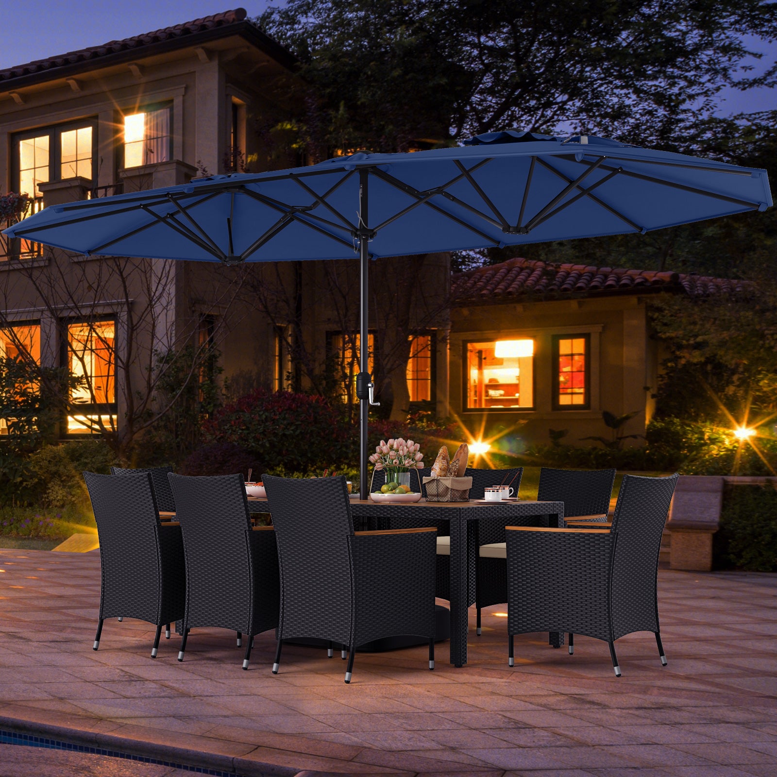 10 Piece Outdoor Dining Set With 15 Ft Twin Umbrella, Navy Patio Dining Sets at Gallery Canada