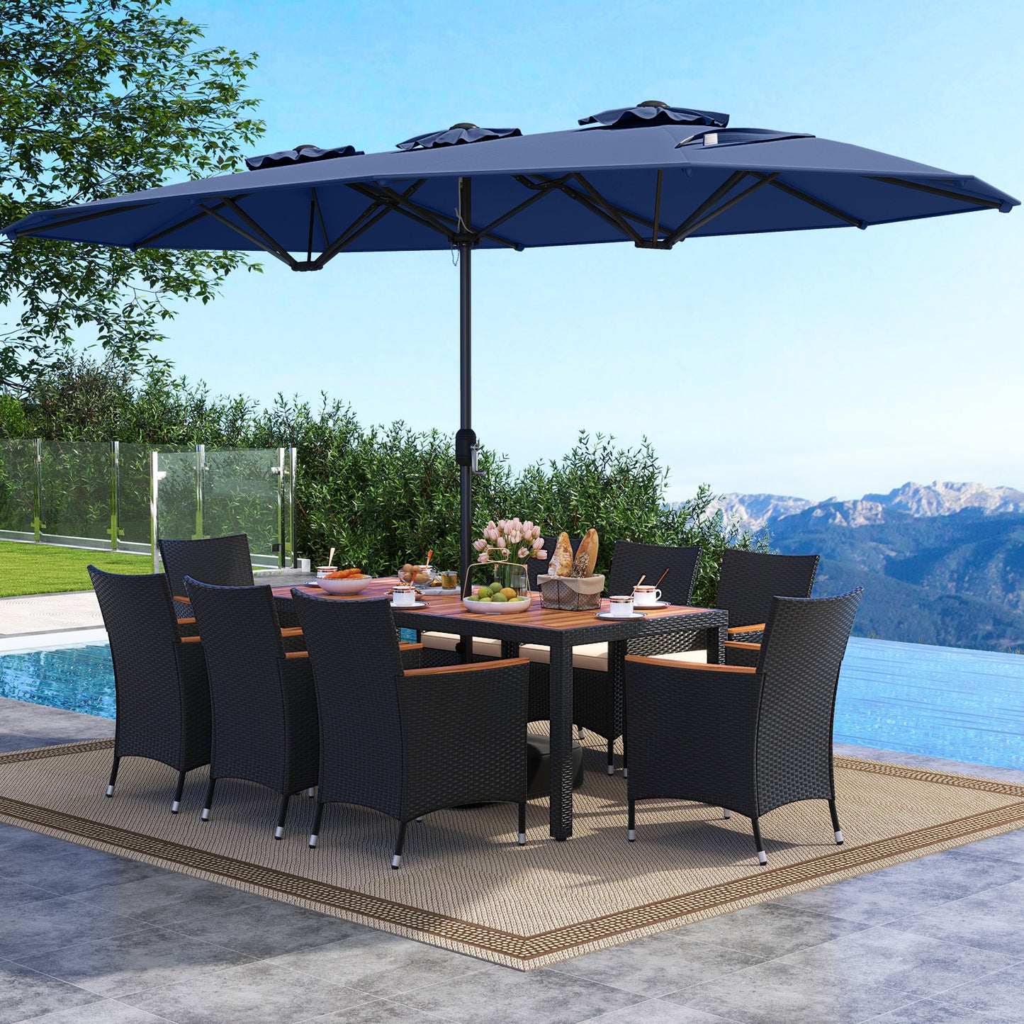 10 Piece Outdoor Dining Set With 15 Ft Twin Umbrella, Navy Patio Dining Sets at Gallery Canada