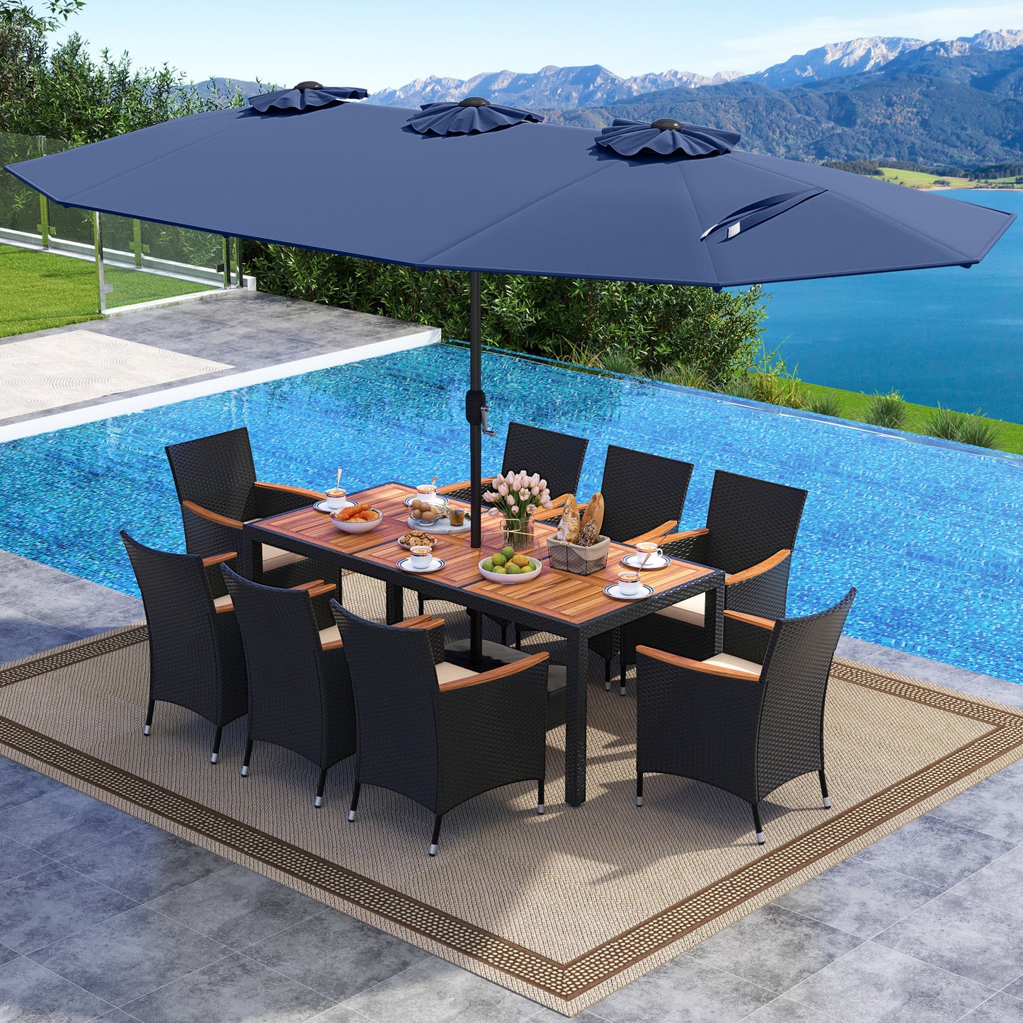 10 Piece Outdoor Dining Set With 15 Ft Twin Umbrella, Navy Patio Dining Sets at Gallery Canada