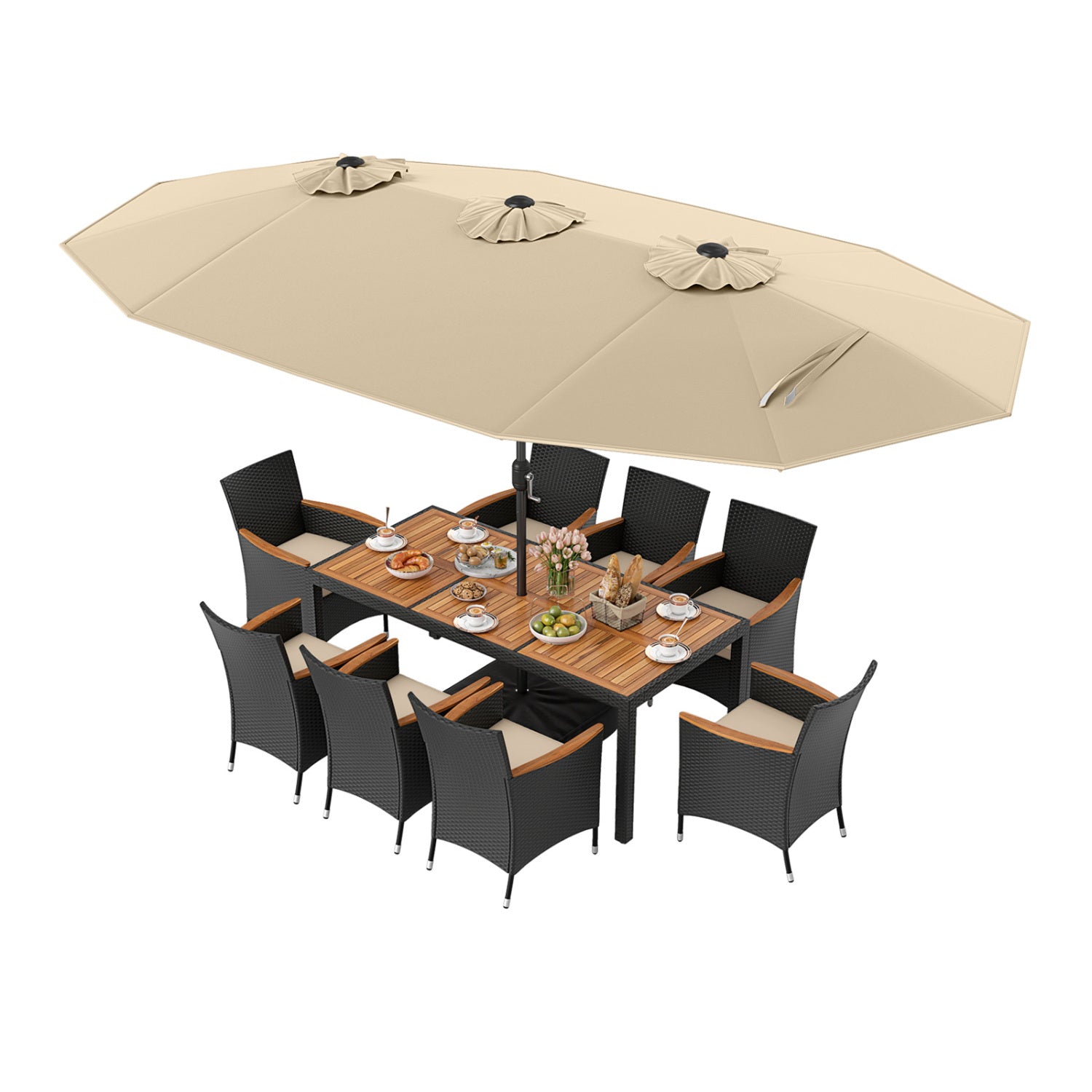 10 Piece Outdoor Dining Set, 15 Feet Double-Sided Umbrella, Beige Patio Dining Sets Beige at Gallery Canada