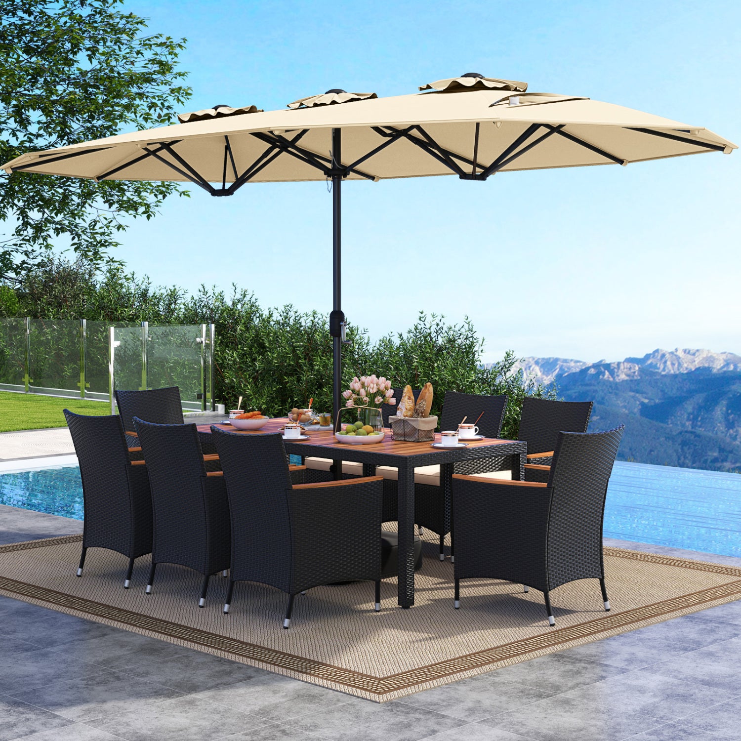 10 Piece Outdoor Dining Set, 15 Feet Double-Sided Umbrella, Beige Patio Dining Sets at Gallery Canada