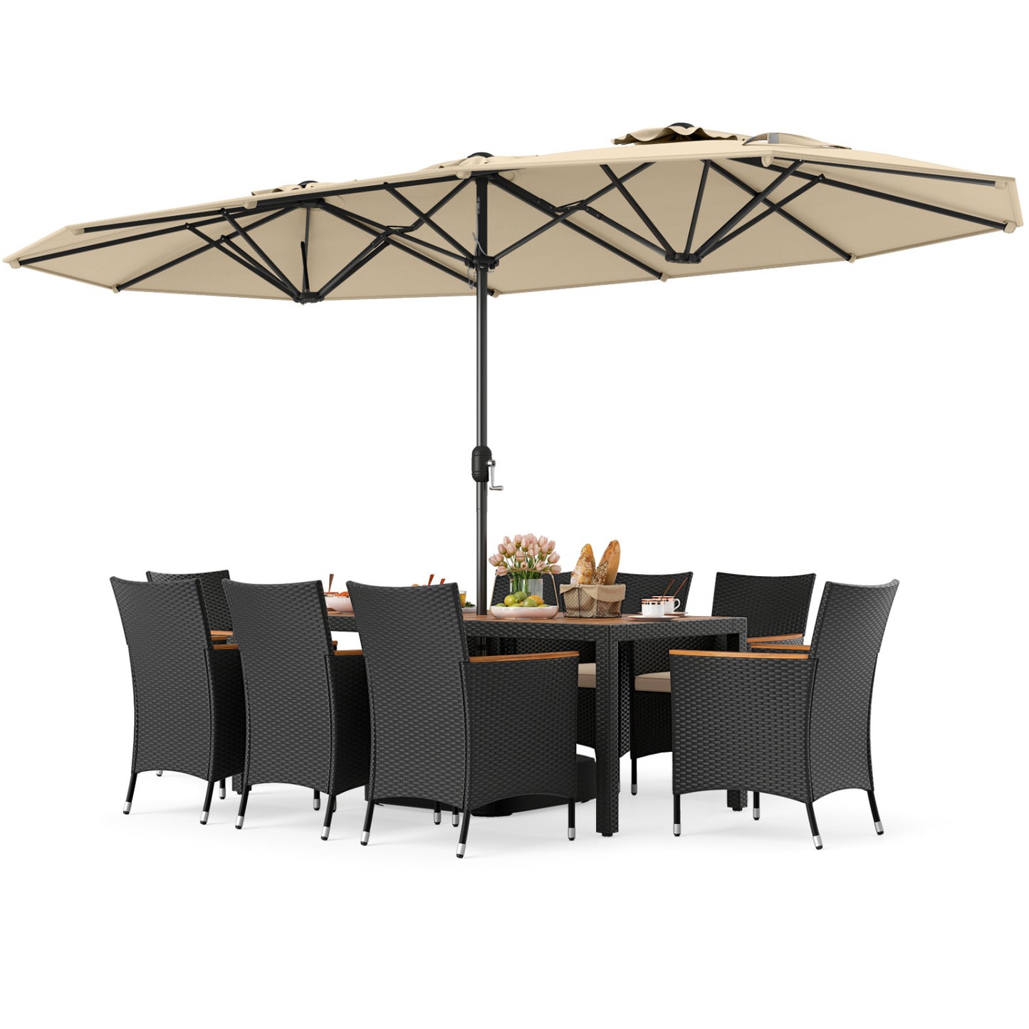 10 Piece Outdoor Dining Set, 15 Feet Double-Sided Umbrella, Beige Patio Dining Sets at Gallery Canada
