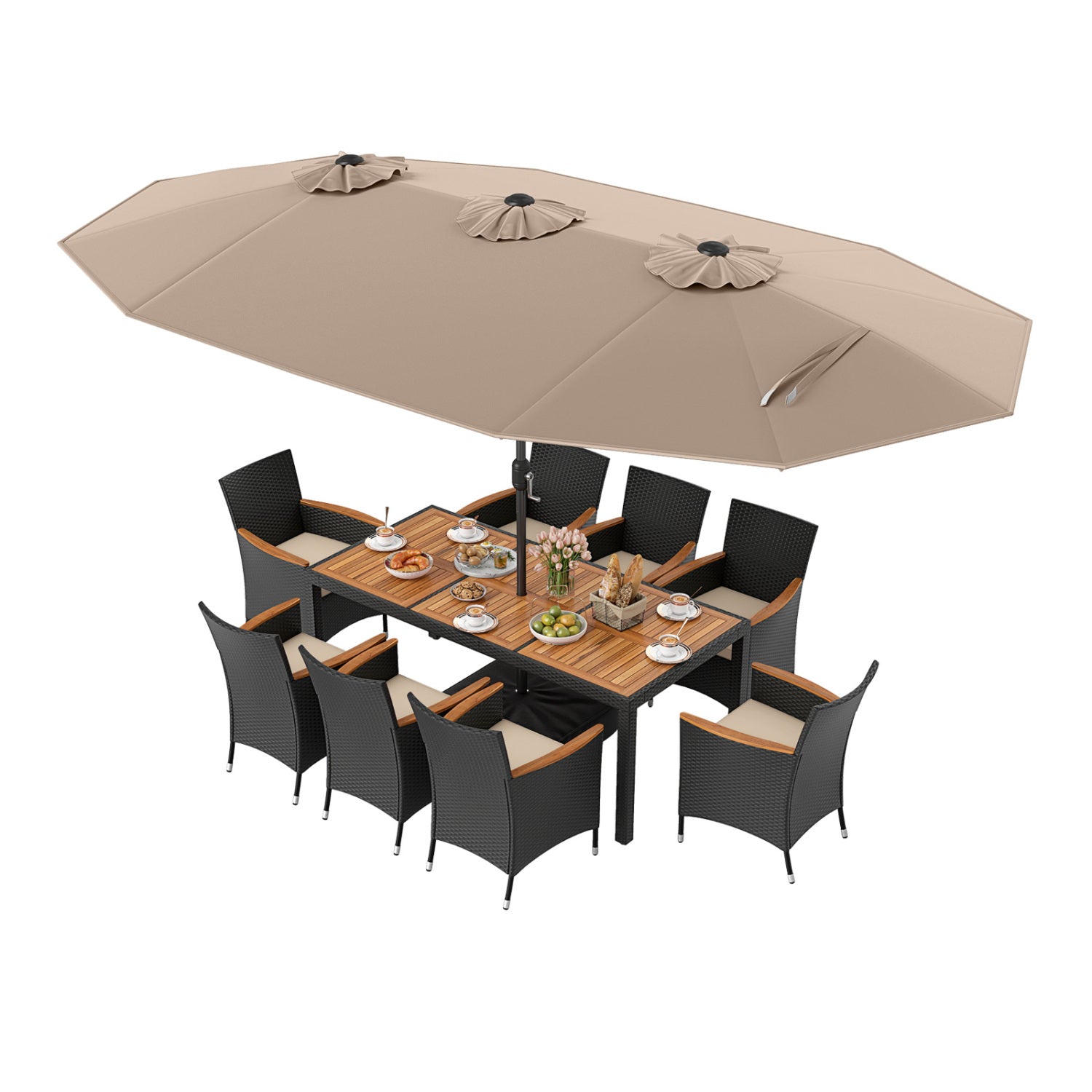 10 Piece Outdoor Dining Set, 15 Feet Double-Sided Umbrella, Brown Patio Dining Sets Brown at Gallery Canada