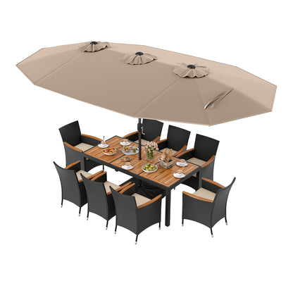 10 Piece Outdoor Dining Set, 15 Feet Double-Sided Umbrella, Brown Patio Dining Sets Brown at Gallery Canada