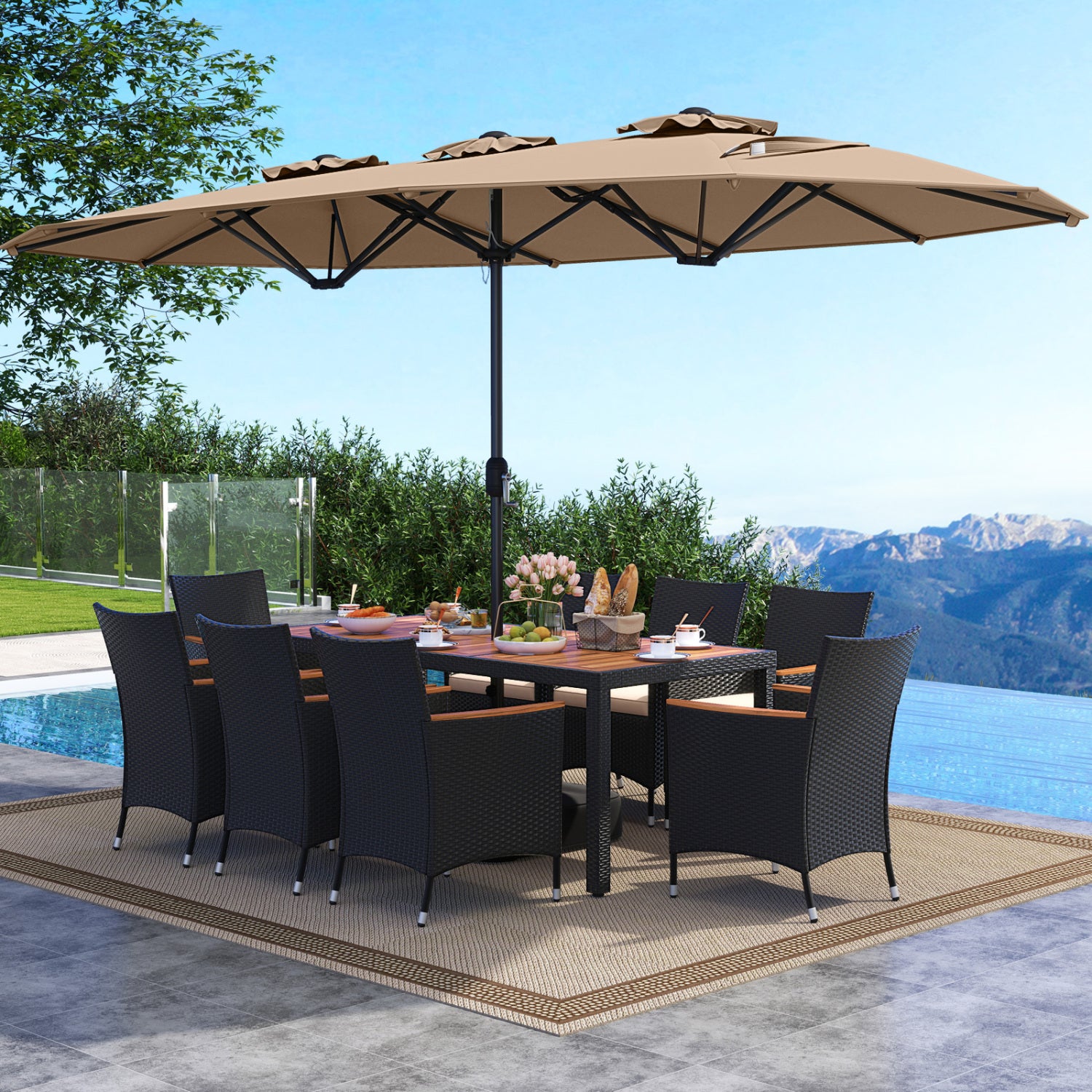 10 Piece Outdoor Dining Set, 15 Feet Double-Sided Umbrella, Brown Patio Dining Sets at Gallery Canada