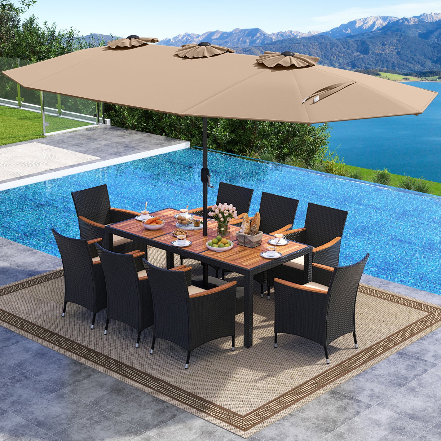 10 Piece Outdoor Dining Set, 15 Feet Double-Sided Umbrella, Brown Patio Dining Sets at Gallery Canada