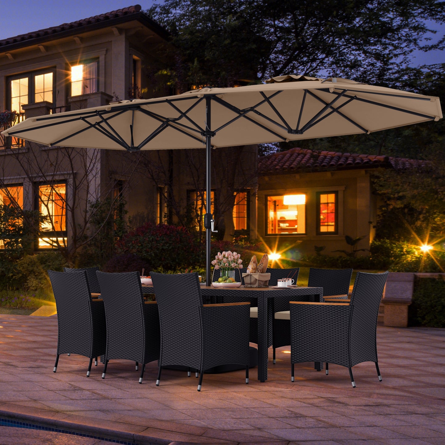 10 Piece Outdoor Dining Set, 15 Feet Double-Sided Umbrella, Brown Patio Dining Sets at Gallery Canada