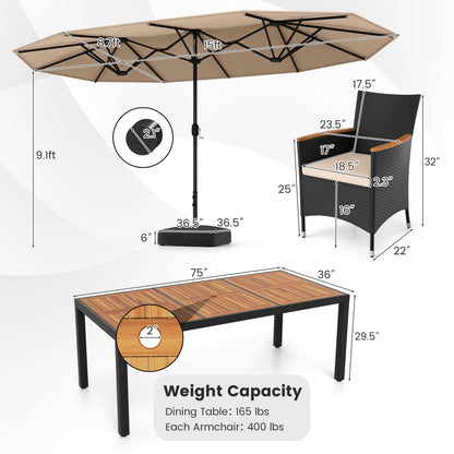 10 Piece Outdoor Dining Set, 15 Feet Double-Sided Umbrella, Brown Patio Dining Sets at Gallery Canada