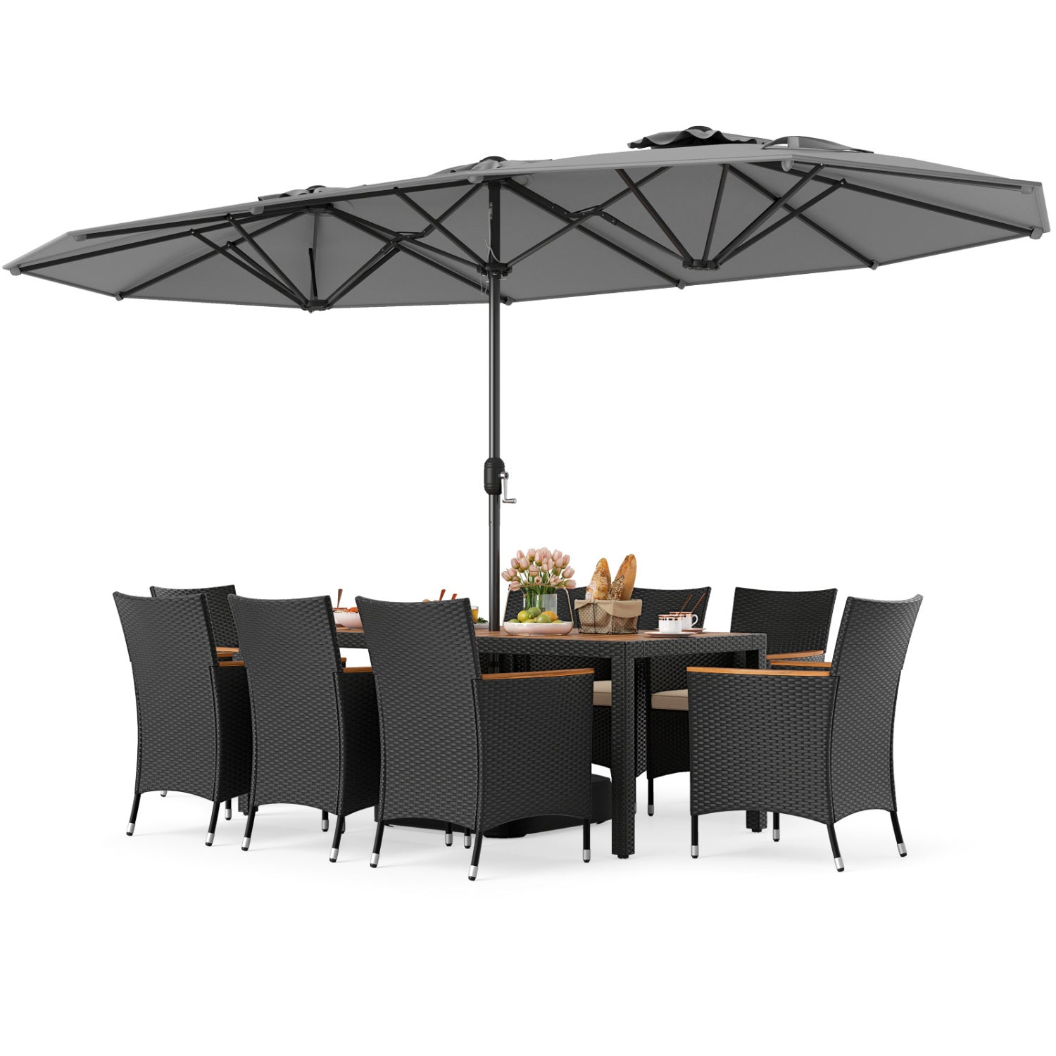 10 Piece Outdoor Dining Set, 15 Feet Double-Sided Umbrella, Gray Patio Dining Sets at Gallery Canada