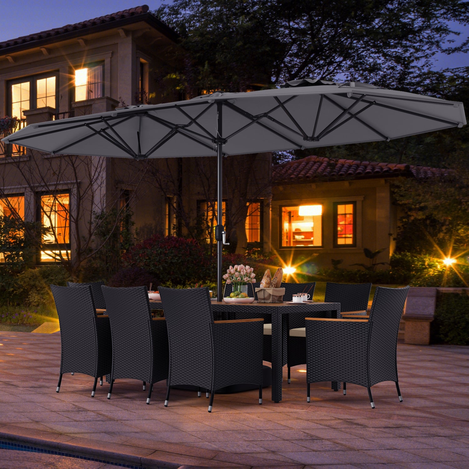 10 Piece Outdoor Dining Set, 15 Feet Double-Sided Umbrella, Gray Patio Dining Sets at Gallery Canada