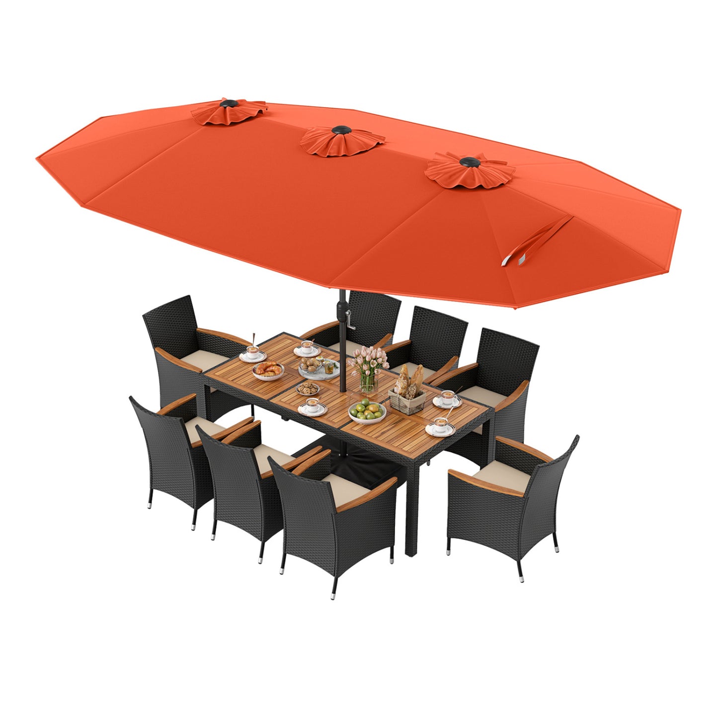 10 Piece Outdoor Dining Set, 15 Feet Double-Sided Umbrella, Orange Patio Dining Sets Orange at Gallery Canada