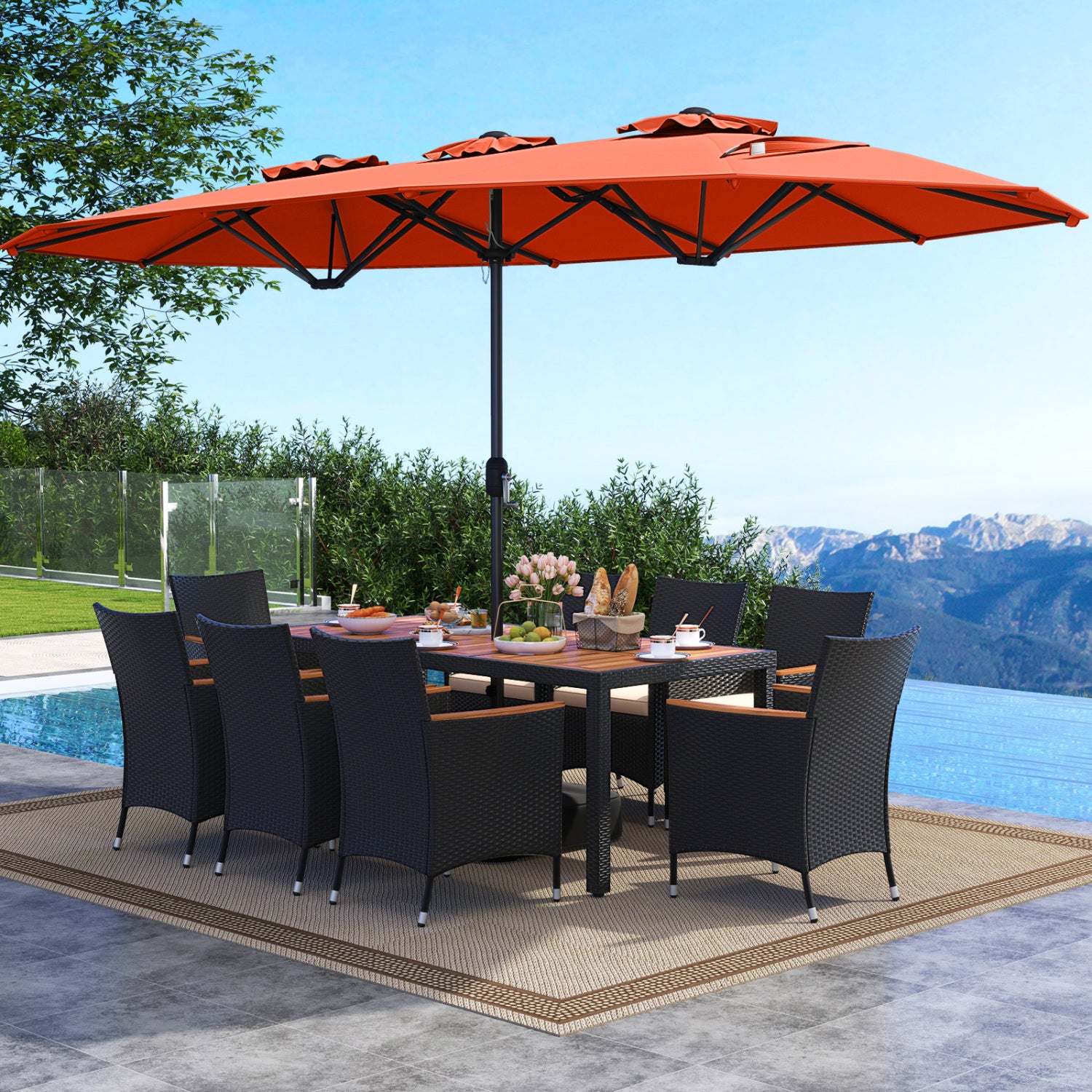 10 Piece Outdoor Dining Set, 15 Feet Double-Sided Umbrella, Orange Patio Dining Sets at Gallery Canada