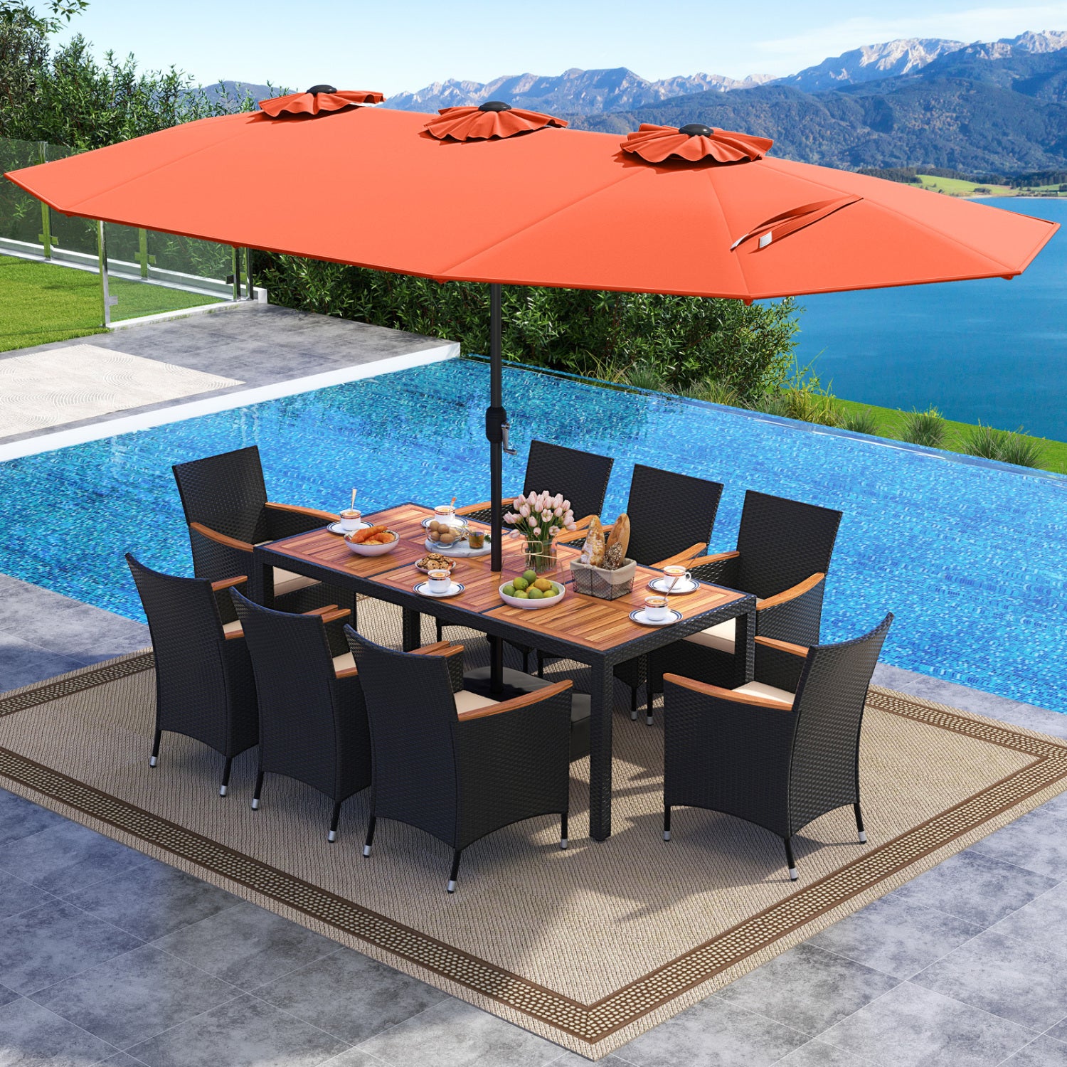10 Piece Outdoor Dining Set, 15 Feet Double-Sided Umbrella, Orange Patio Dining Sets at Gallery Canada