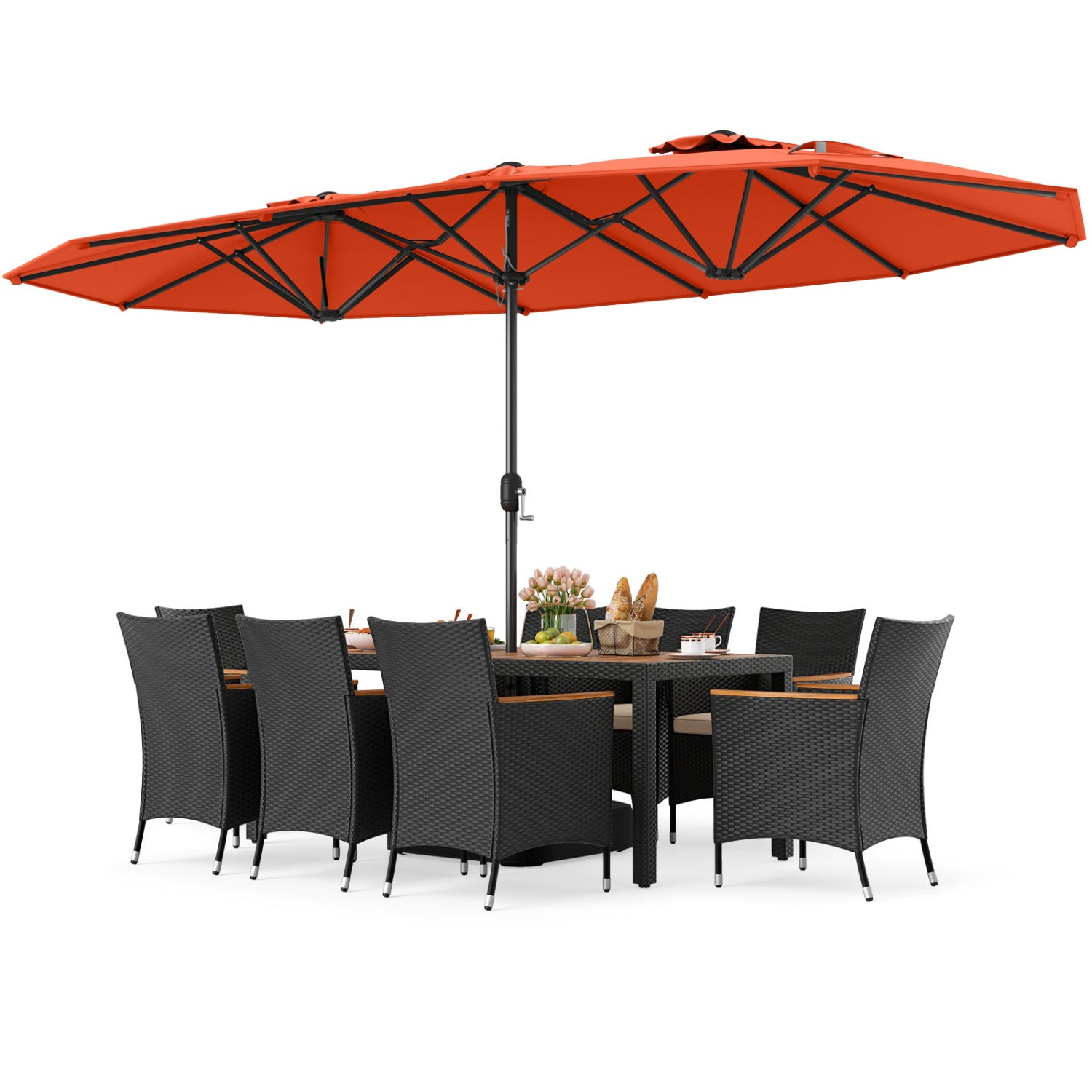 10 Piece Outdoor Dining Set, 15 Feet Double-Sided Umbrella, Orange Patio Dining Sets at Gallery Canada
