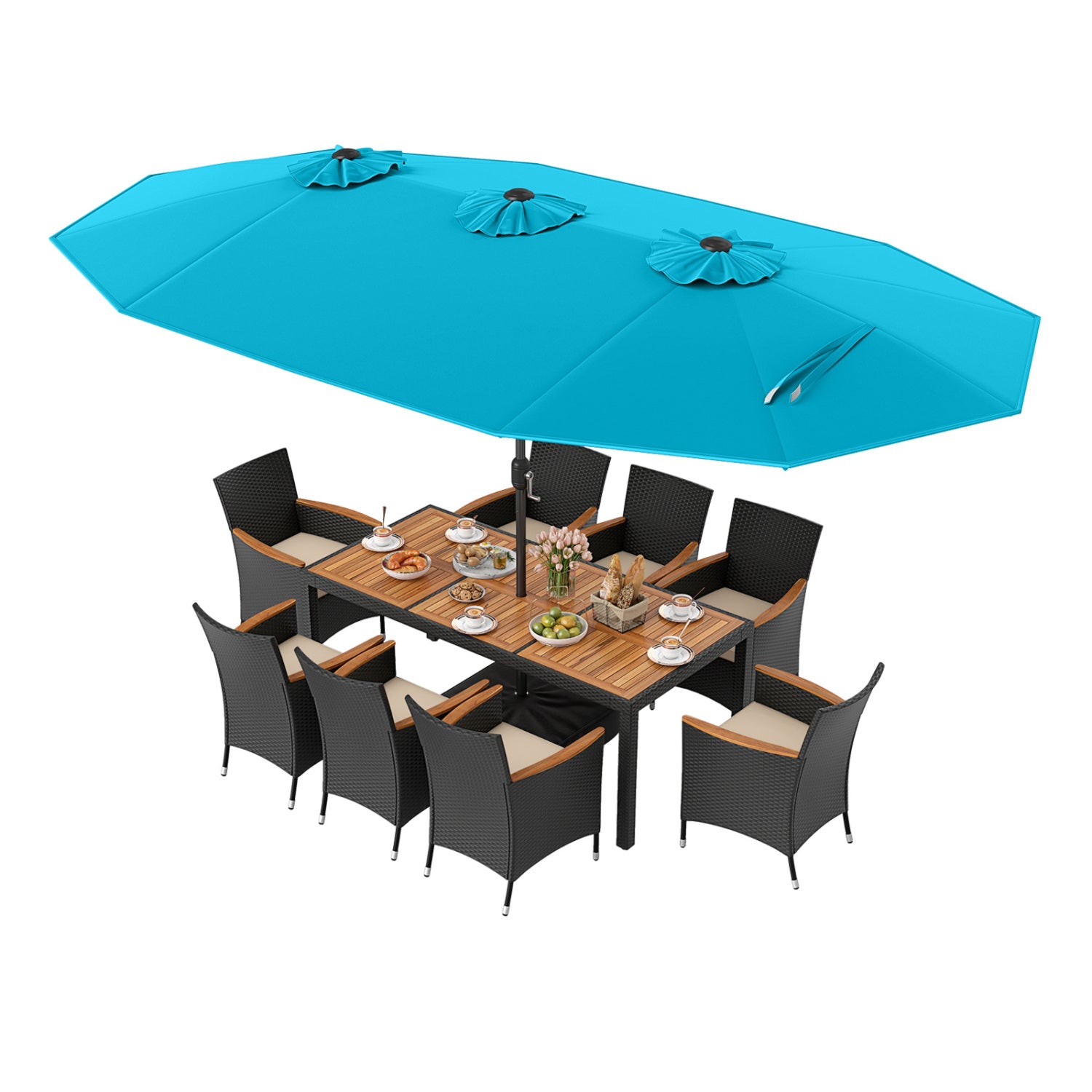 10 Piece Outdoor Dining Set, 15 Feet Double-Sided Umbrella, Turquoise Patio Dining Sets Turquoise at Gallery Canada