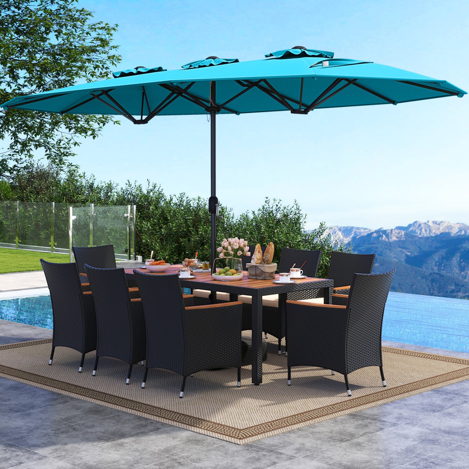 10 Piece Outdoor Dining Set, 15 Feet Double-Sided Umbrella, Turquoise Patio Dining Sets at Gallery Canada