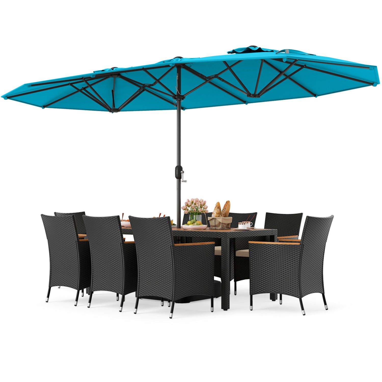 10 Piece Outdoor Dining Set, 15 Feet Double-Sided Umbrella, Turquoise Patio Dining Sets at Gallery Canada