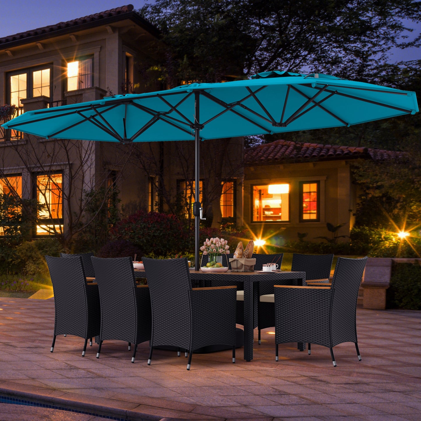 10 Piece Outdoor Dining Set, 15 Feet Double-Sided Umbrella, Turquoise Patio Dining Sets at Gallery Canada