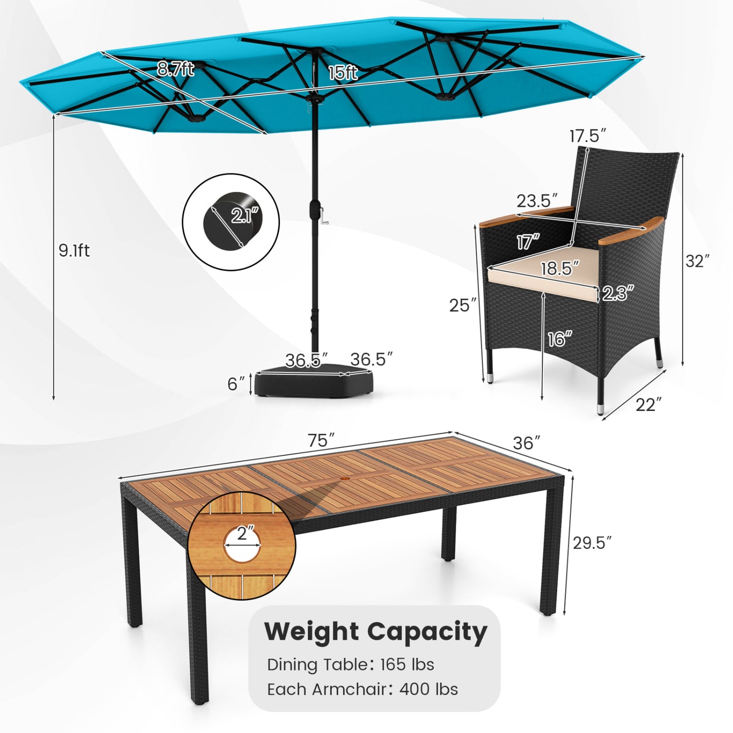 10 Piece Outdoor Dining Set, 15 Feet Double-Sided Umbrella, Turquoise Patio Dining Sets at Gallery Canada