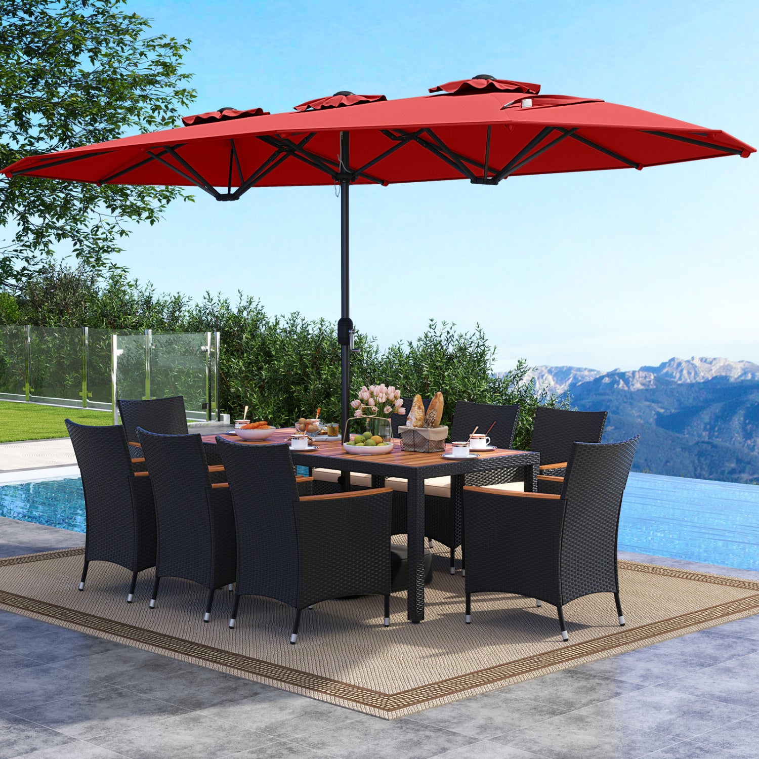 10 Piece Outdoor Dining Set, 15 Feet Double-Sided Umbrella, Red Patio Dining Sets at Gallery Canada
