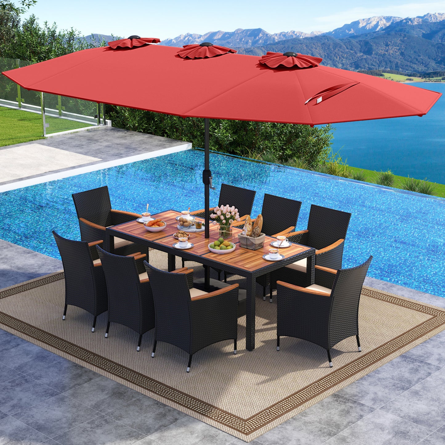 10 Piece Outdoor Dining Set, 15 Feet Double-Sided Umbrella, Red Patio Dining Sets at Gallery Canada