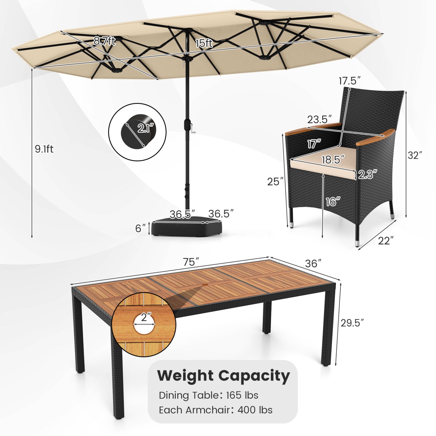 10 Piece Outdoor Dining Set, 15 Feet Double-Sided Umbrella, Beige Patio Dining Sets at Gallery Canada