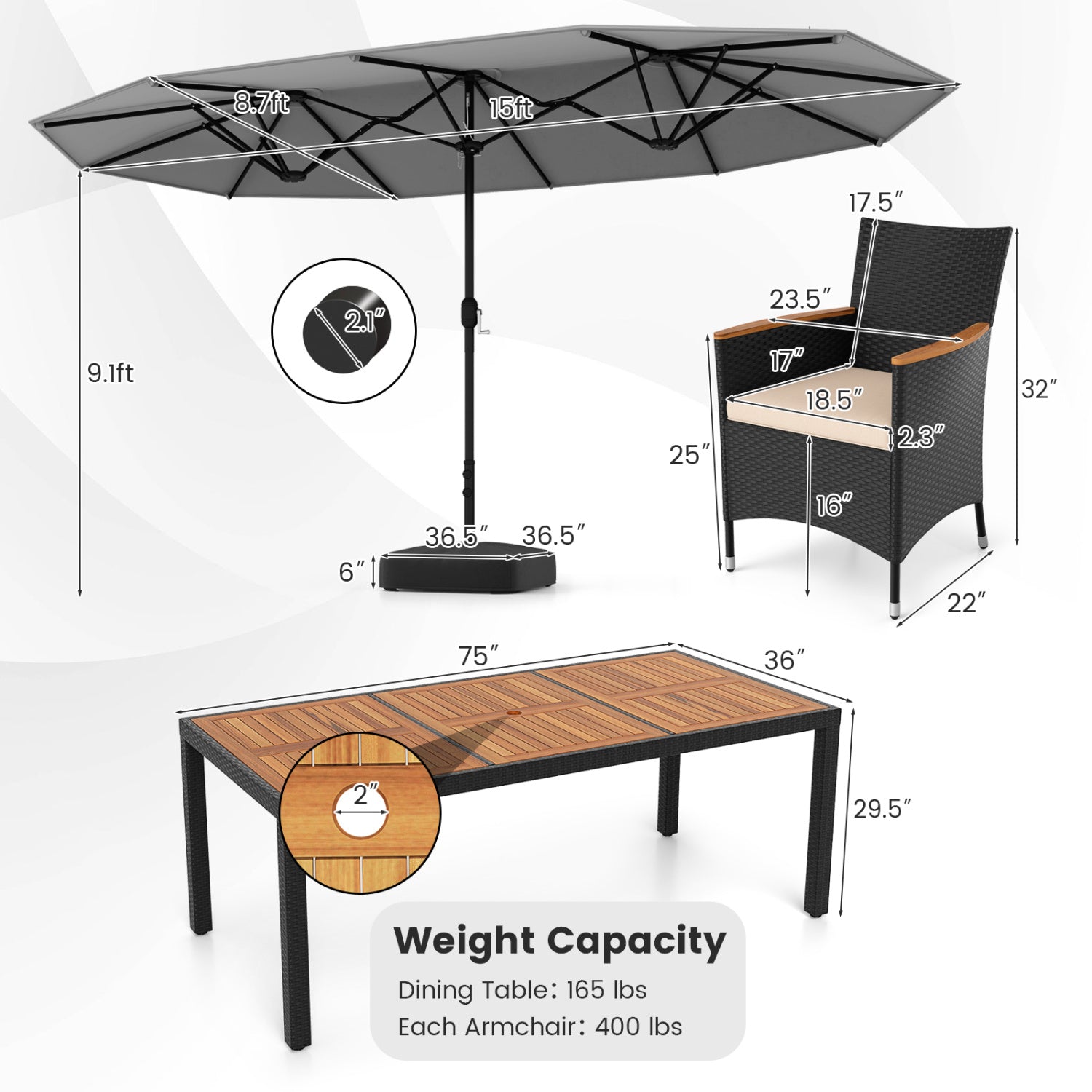 10 Piece Outdoor Dining Set, 15 Feet Double-Sided Umbrella, Gray Patio Dining Sets at Gallery Canada