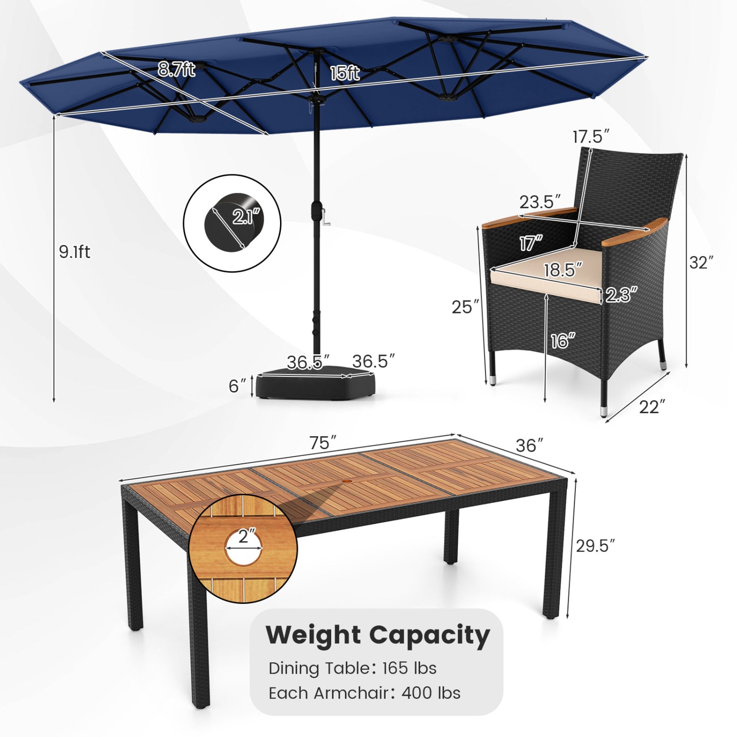 10 Piece Outdoor Dining Set With 15 Ft Twin Umbrella, Navy Patio Dining Sets at Gallery Canada