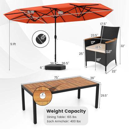 10 Piece Outdoor Dining Set, 15 Feet Double-Sided Umbrella, Orange Patio Dining Sets at Gallery Canada