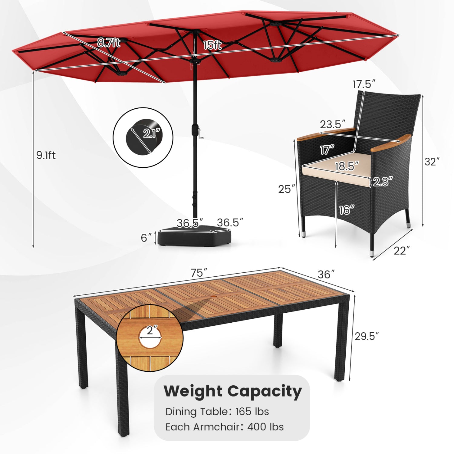 10 Piece Outdoor Dining Set, 15 Feet Double-Sided Umbrella, Red Patio Dining Sets at Gallery Canada