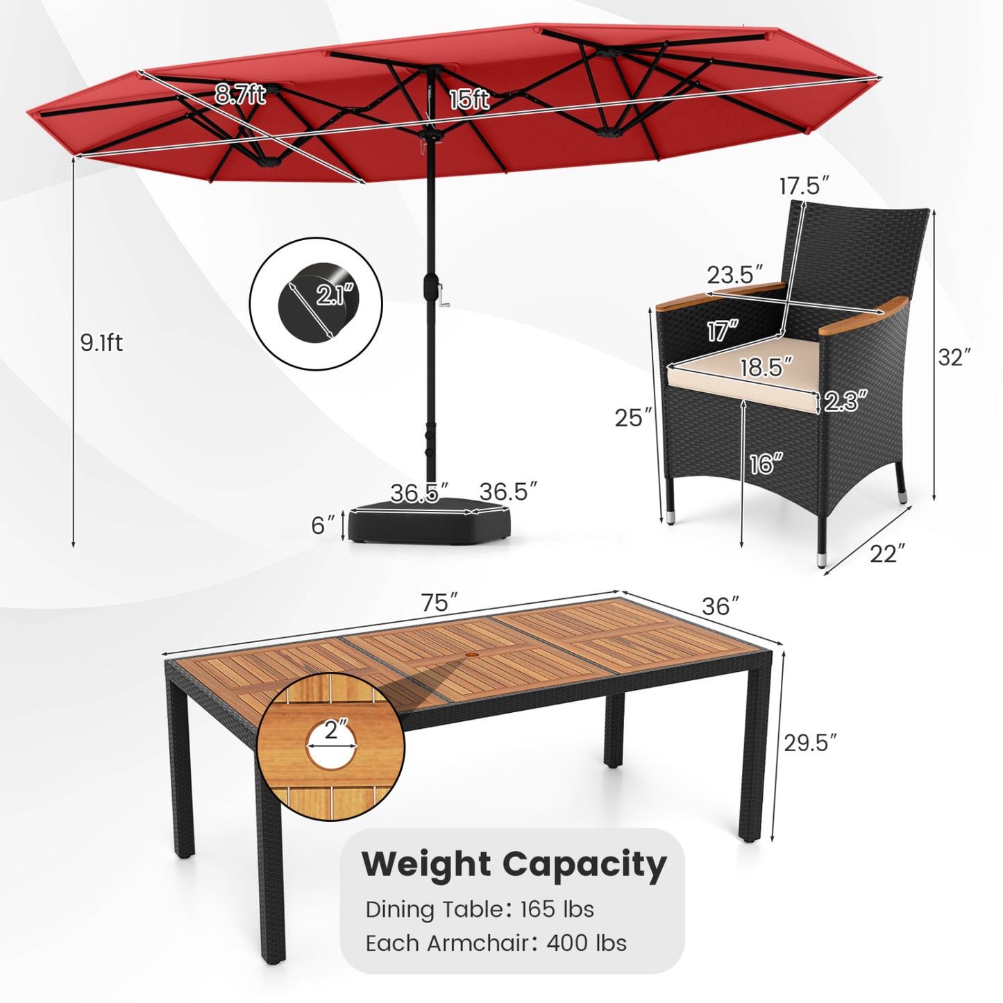 10 Piece Outdoor Dining Set, 15 Feet Double-Sided Umbrella, Red Patio Dining Sets at Gallery Canada