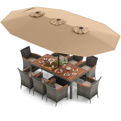 10-Piece Wicker Dining Set, 15-Foot Double-Sided Umbrella, Brown