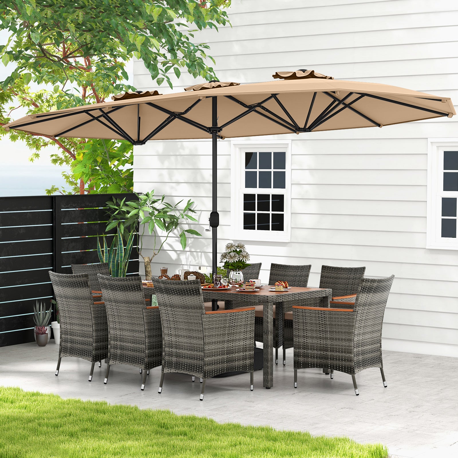 10 Pieces Patio Wicker Dining Set with 15 Feet Double-Sided Patio Umbrella, Brown Patio Dining Sets at Gallery Canada