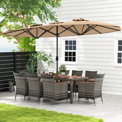 10 Pieces Patio Wicker Dining Set with 15 Feet Double-Sided Patio Umbrella, Brown Patio Dining Sets at Gallery Canada