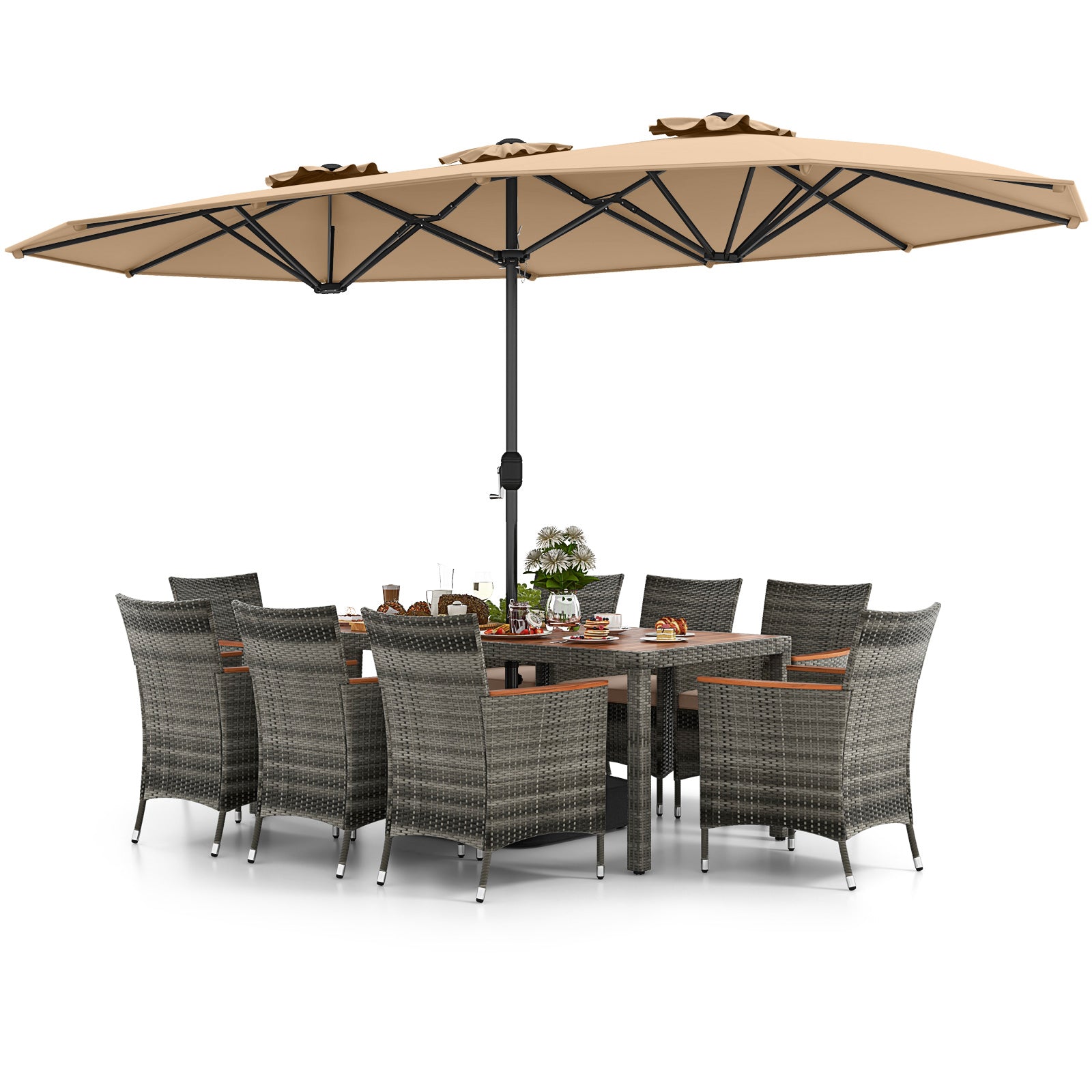 10 Pieces Patio Wicker Dining Set with 15 Feet Double-Sided Patio Umbrella, Brown Patio Dining Sets at Gallery Canada