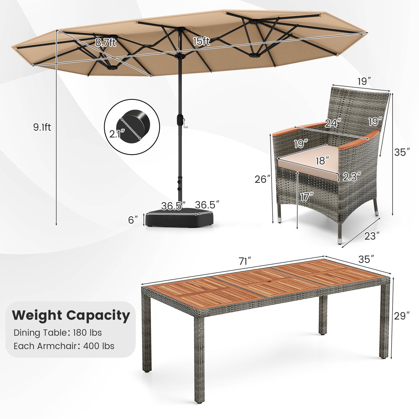 10 Pieces Patio Wicker Dining Set with 15 Feet Double-Sided Patio Umbrella, Brown Patio Dining Sets at Gallery Canada