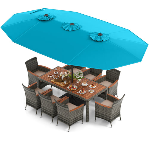 10 Piece Patio Wicker Dining Set, 15 Feet Double-Sided Umbrella, Turquoise