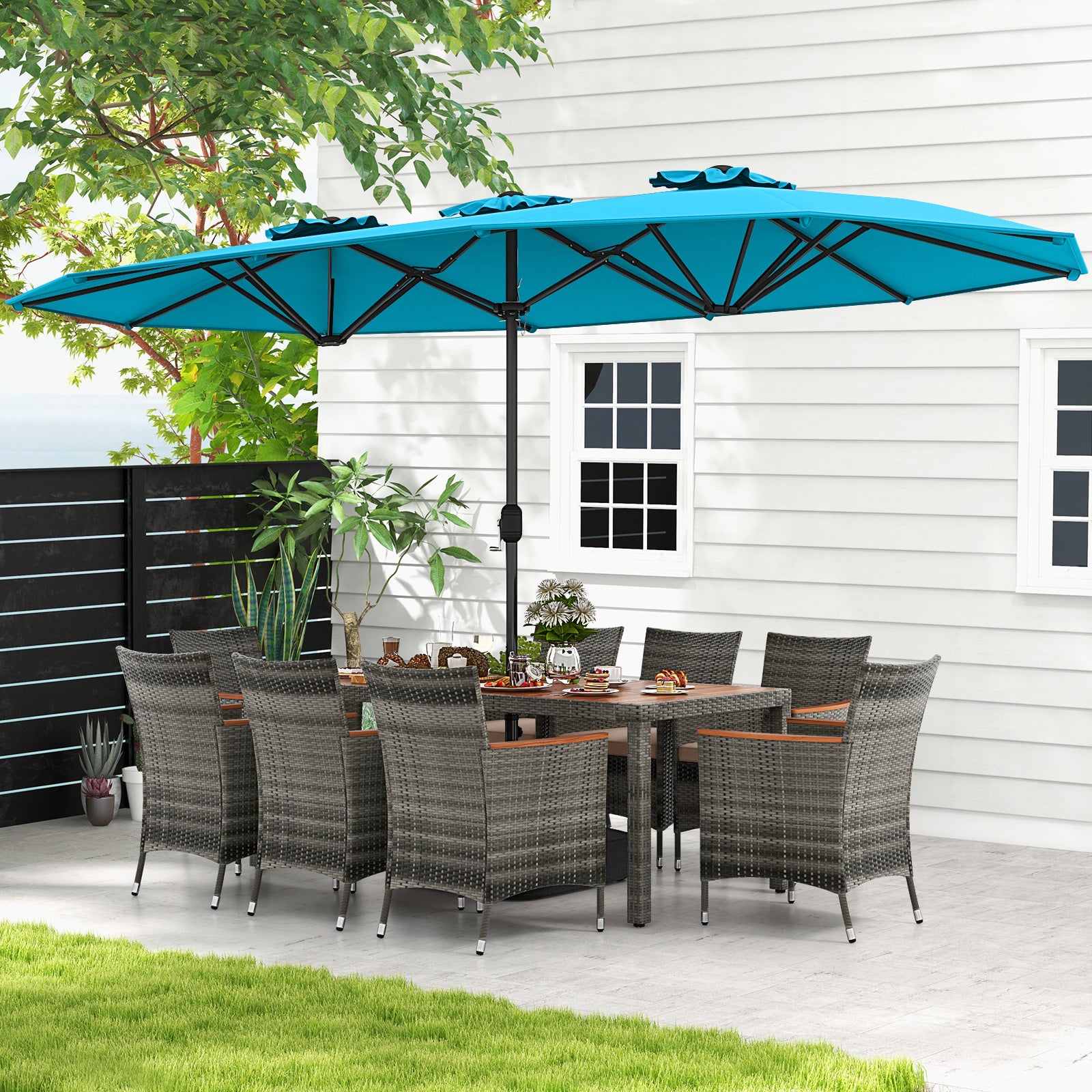 10 Pieces Patio Wicker Dining Set with 15 Feet Double-Sided Patio Umbrella, Turquoise Patio Dining Sets at Gallery Canada