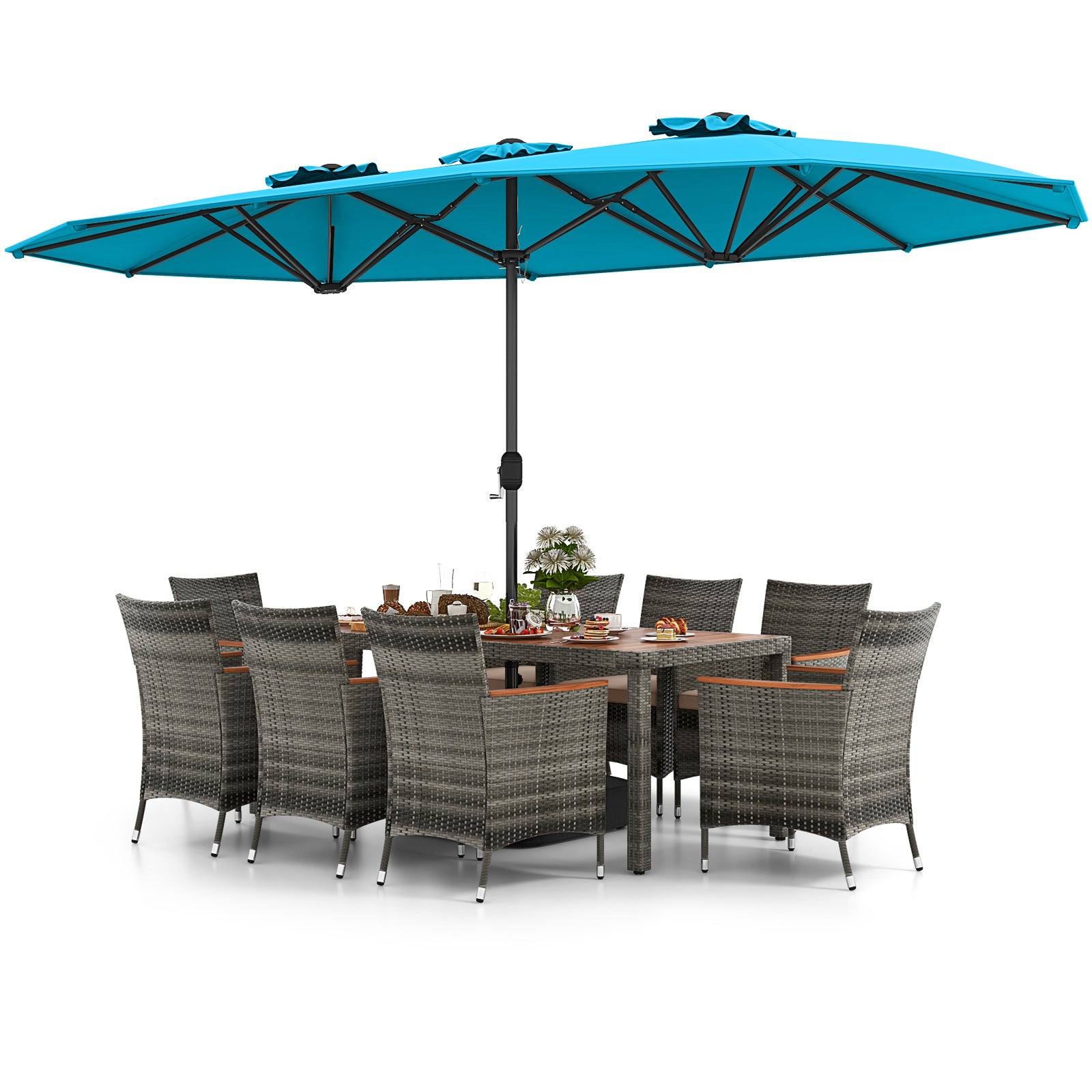 10 Pieces Patio Wicker Dining Set with 15 Feet Double-Sided Patio Umbrella, Turquoise Patio Dining Sets at Gallery Canada