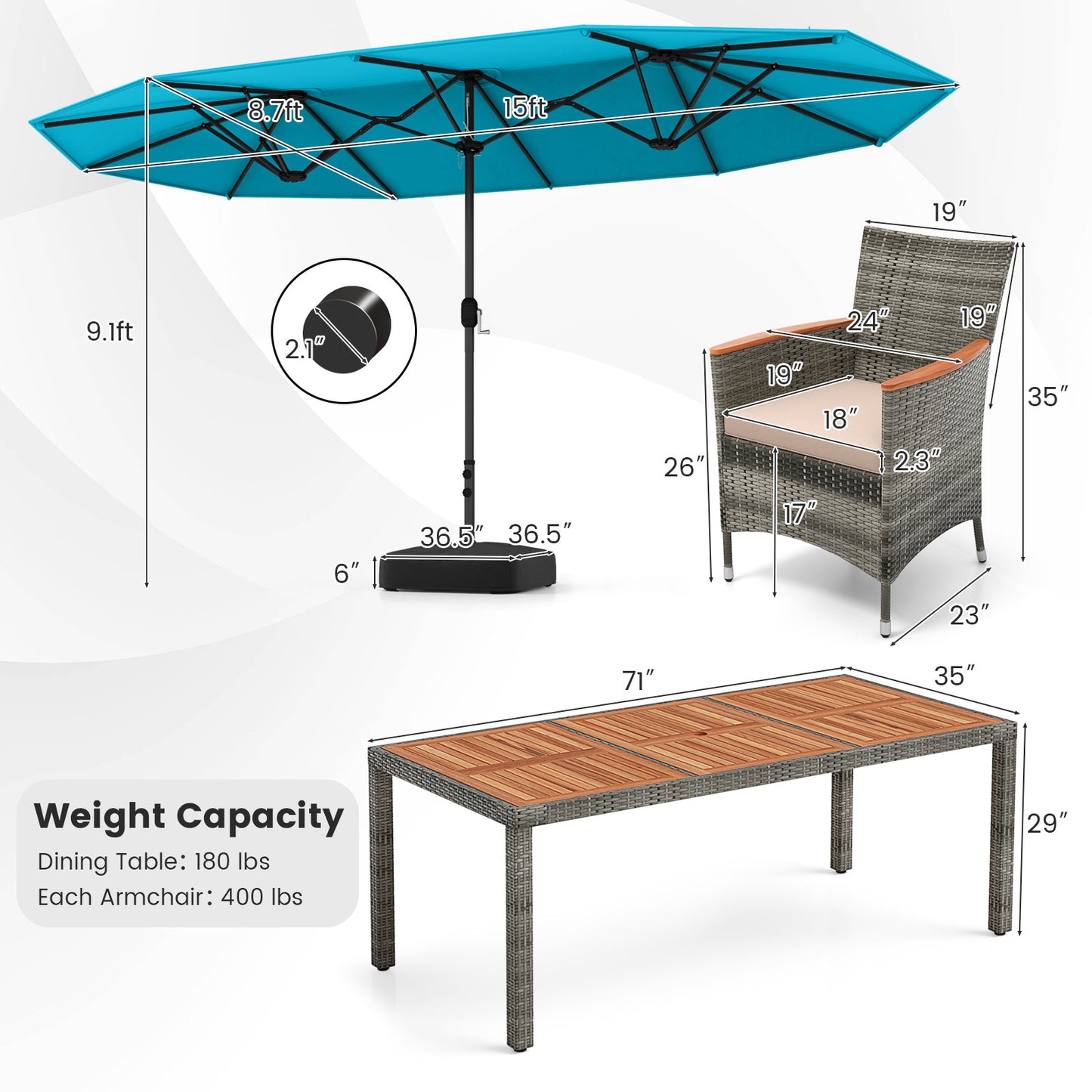 10 Pieces Patio Wicker Dining Set with 15 Feet Double-Sided Patio Umbrella, Turquoise Patio Dining Sets at Gallery Canada