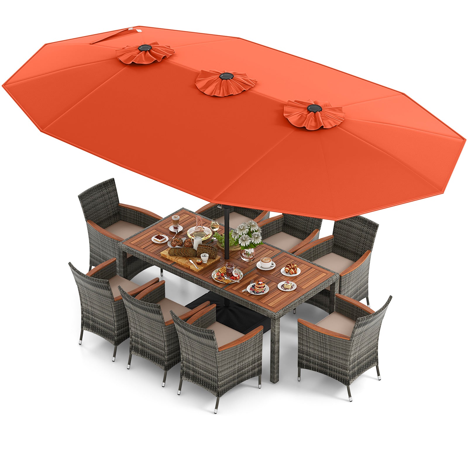 10-Piece Patio Dining Set, 15-Foot Double-Sided Umbrella, Orange Patio Dining Sets at Gallery Canada